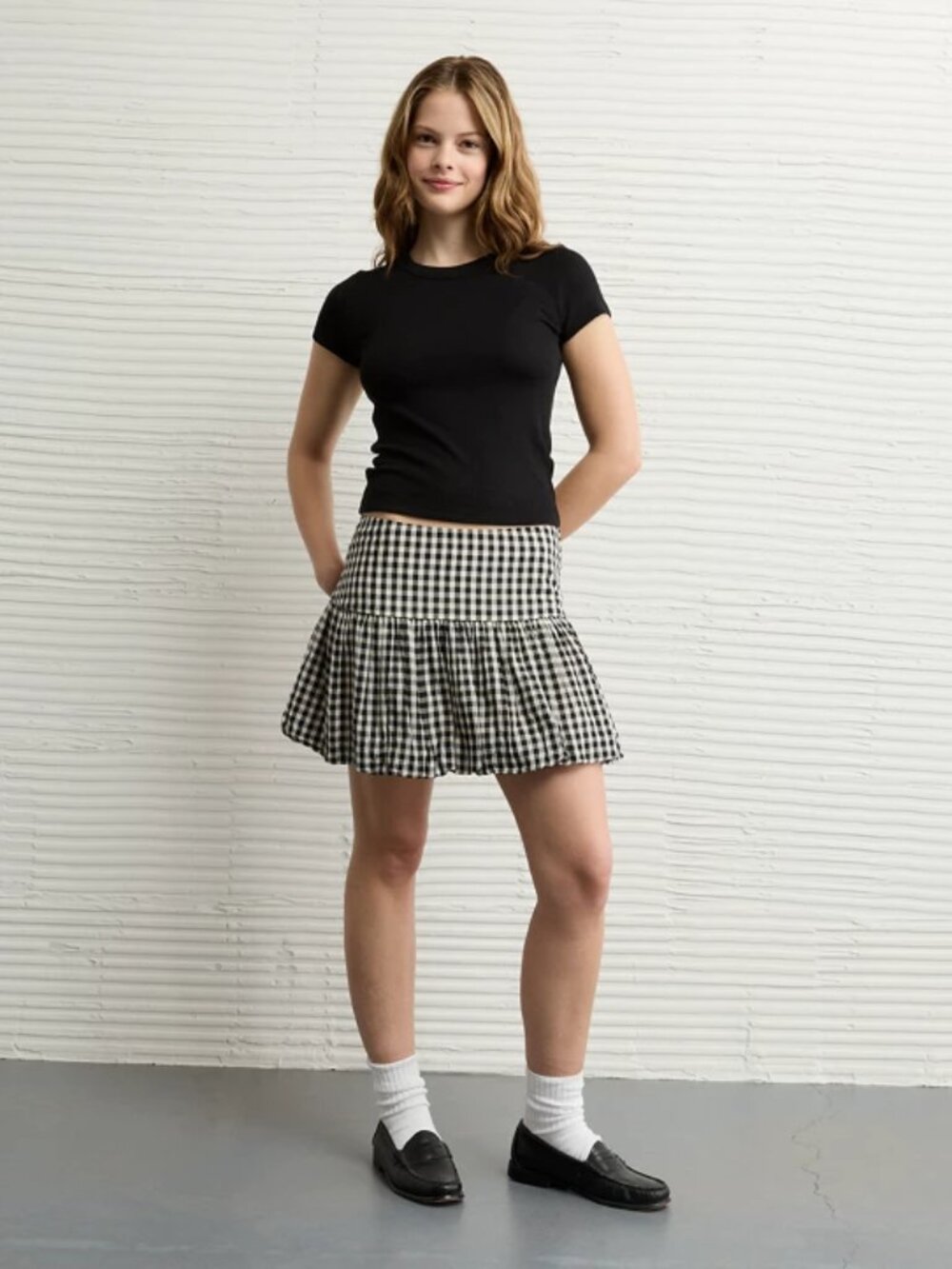 AE High-Waisted Smocked Bubble Skirt Gingham Size Large Long